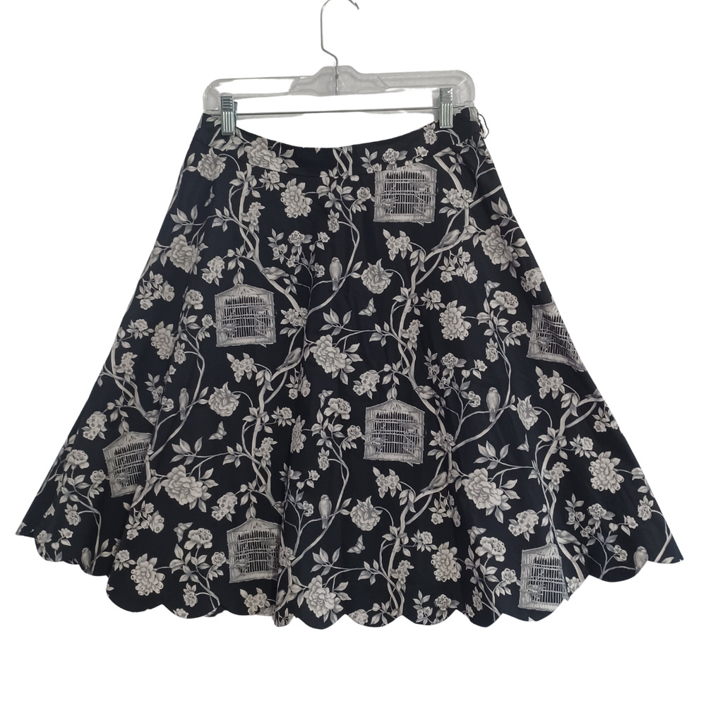 TALBOTS Size 6 A-Line Skirt Scallop Hem Lined Black White Toile Birdcage Floral